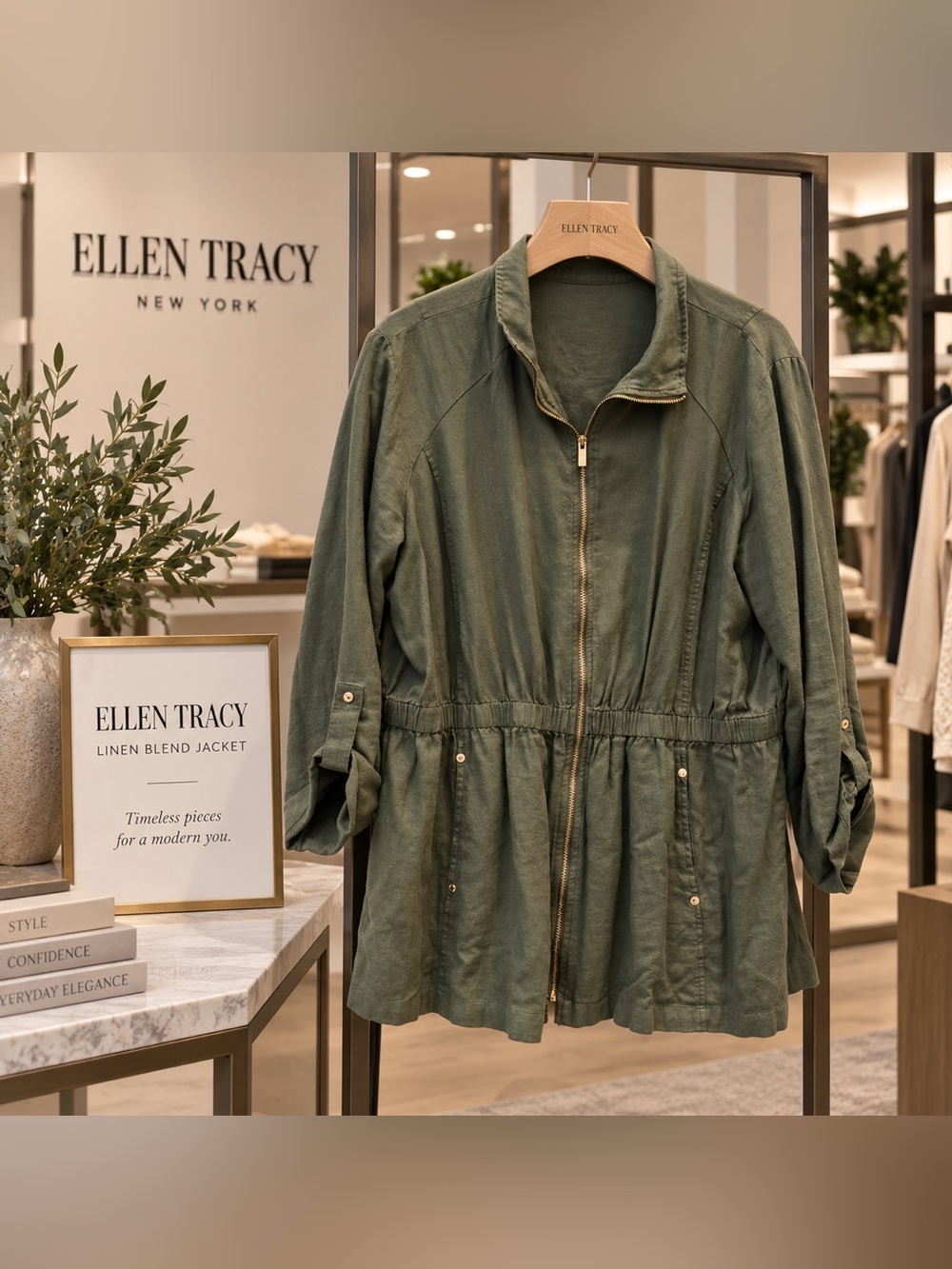 Ellen Tracy Olive Green Utility Jacket with Zip Front XL